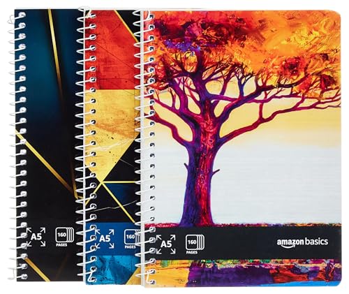 amazon basics Metal Spiral Notebooks A5 Size 160 Sheet | High Bright Paper | Single Ruled | Thick Black Covers | Pack of 3 (Assorted Colours)