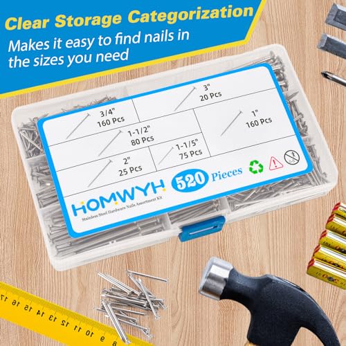 Image of 520PCS Hardware Nails Assortment Kit, 304 Stainless Steel, 6 Sizes, Up to 3 inch Long, with Storage Box Small Nails for Hanging Pictures in Wood, Wall and Drywall