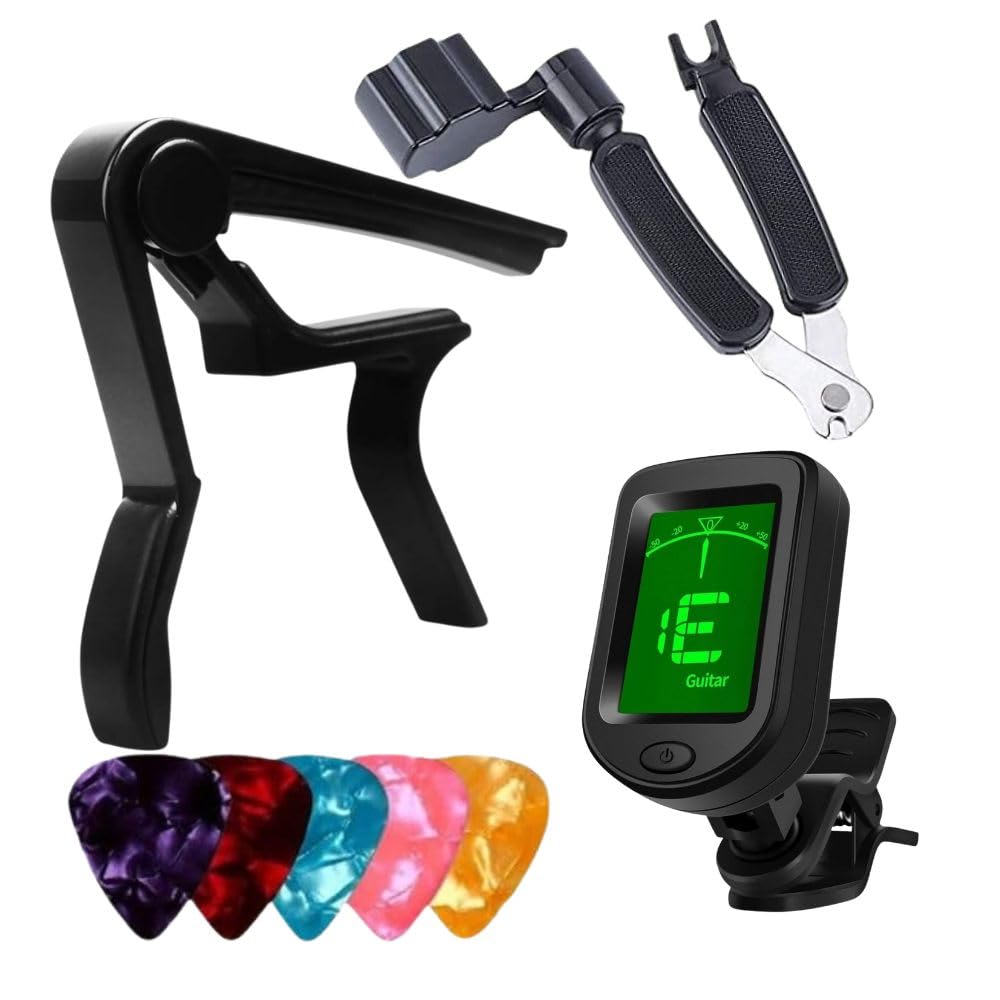 Imaginea Guitar Accessories Kit with Digital Clip-On Tuner, Metal Capo, String Winder, 5 Picks Free | Tuning Device, Capo Tool, Winder Tool | Combo Set for Acoustic Guitar Beginners Professionals-image-16