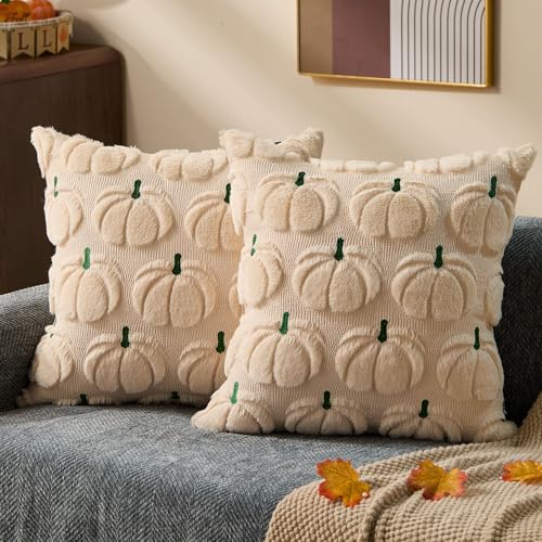 DFXSZ Fall Pillow Covers 18x18 Set of 2 Fall Decorations Beige Green Pumpkin Throw Pillow Cases Soft Plush Faux Fur Wool Couch Cushion Case for Chair Sofa Bedroom Living Room Home Decor PTK12K18