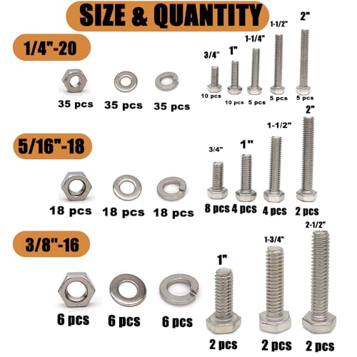HVAKHVA 304 Stainless Steel 1/4-20, 5/16-18,3/8-16 Hex Head Nuts and Bolts Assortment Kit, Bolts and Nuts with Flat & Lock Washer Assortment with Storage Case - Image 5