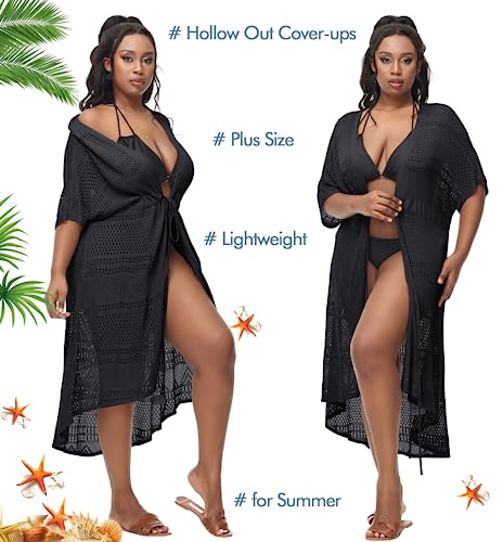 Hanna Nikole Women Plus Size Long Cover-ups for Swimwear Open Front Tie Beach Kimono Cardigan Flowy Beachwear3