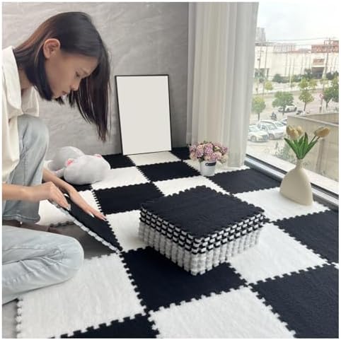 Soft Interlocking Foam Floor Mat - 100pcs 12x12x0.4 in Non-Slip Plush Tiles for Living Room, Bedroom & Playroom Decor - Thick Fluffy Gray & White Area Rug