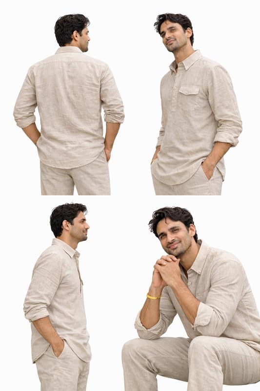 Image of Men's Linen Blend Cord Set Loungewear | Lightweight Breathable Summer Co-ord Set | Relaxed Fit Shirt & Elastic Waist Pants | Comfortable Travel, Beach & Casual Lounge Wear| S-2XL |
