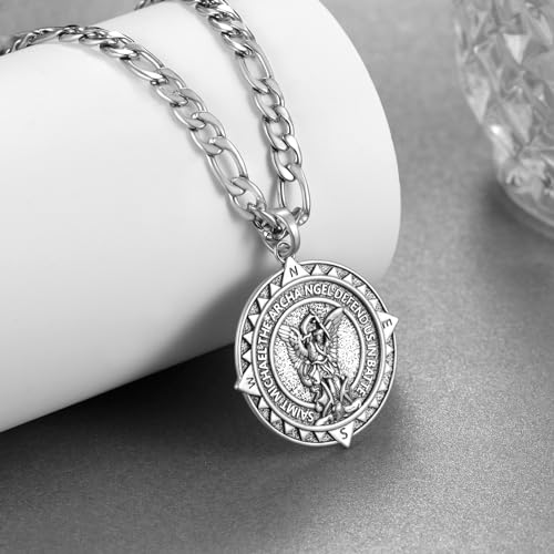 TYSO St Michael Necklace for Men 925 Sterling Silver Archangel Saint Michael Pendant Necklace Compass St Michael Necklace Protect Us Medal Amulet Religious Jewelry Gifts for Men2