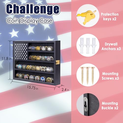 Image of Military Challenge Coin Display Case, 16 inchx12 inch Wooden American Flag Medal Shadow Box with Anti-Fade UHD Acrylic Door, Gold-Antitheft Lock, 2 Groove Shelves and Wall Mount (Black184)