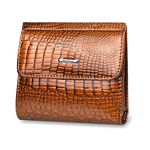 Women Small Compact Bifold Genuine Leather Wallet Ladies Mini Purse with ID Window Coin Pocket (Gold)