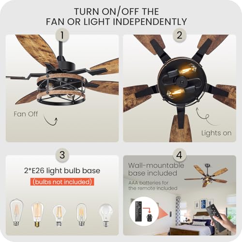 Image of 50 Inch Farmhouse Ceiling Fan with Lights and Remote, Timer, Dual Finish 5 Blades (Rustic Brown and Black), 6 Speeds, Reversible DC Motor, Rustic & Industrial Caged Ceiling Fan for Bedroom B04CF05