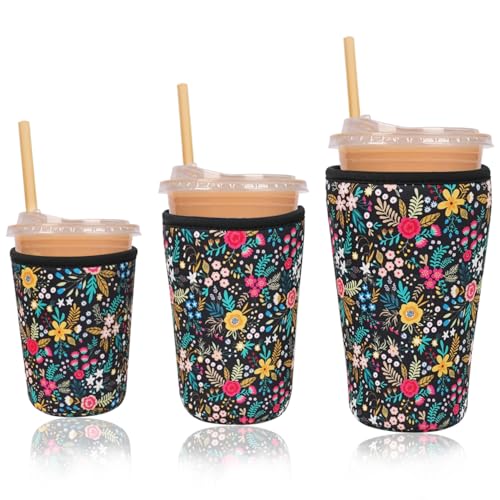 Image of Reusable Insulated Neoprene Iced Coffee Cup Sleeve, Durable Drink Sleeve for Cold Beverages, Beverage Holder for Iced Coffee, Lush Blossom