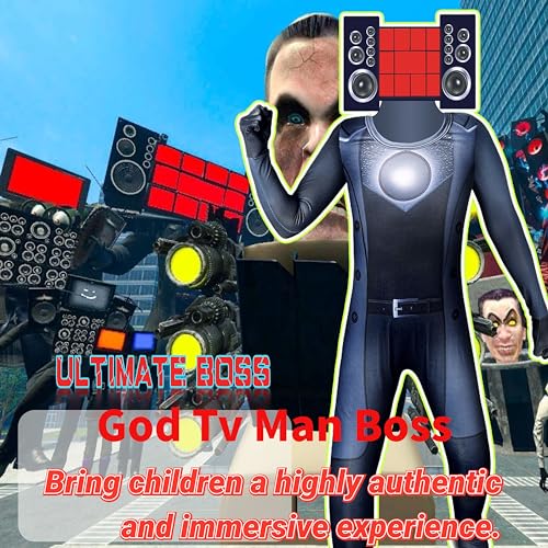 Poterloy Skibidi Toilet Costume for Boy TV Man Bodysuit NEW GOD TV Man BOSS Cosplay Video Game Jumpsuit for Halloween with Mask 5-6 Years - Thumbnail 2