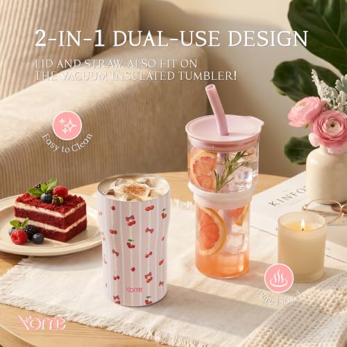 Image of YOME 20oz Stripe Cherry Pink Insulated Glass Tumbler with Lid & Straw for Women Gift | Stainless Steel Iced Coffee Cup | Keep Drinks Cold |Cupholder Friendly |Ideal for Iced Coffee, Smoothies & Boba