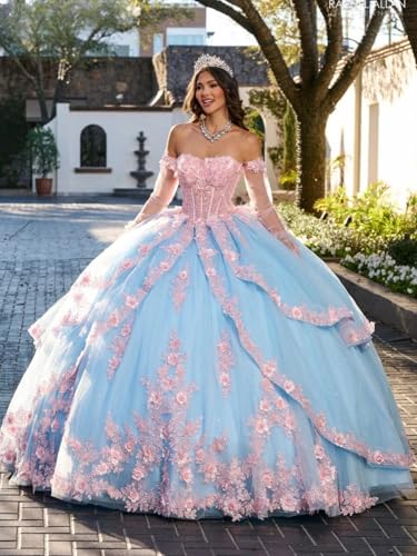 3D Floral Tulle Quinceanera Dresses with Detachable Sleeves Off Shoulder Puffy Sweet 16 Dresses Princess Prom Gown2