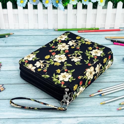 Image of YOUNGCOL 120 Slots Colored Pencil Case Color Pencil Organizer Storage Large Capacity Pencil Case (Black + Retro Flower)