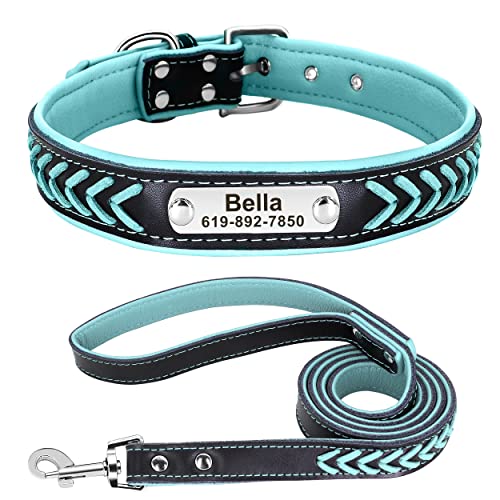 Didog 4 Feet Braided Custom Leather Dog Collar And Leash Set, Soft Padded Leather Dog Collars Personalized For Small Medium Large Dogs, Blue Set, L #TOP29