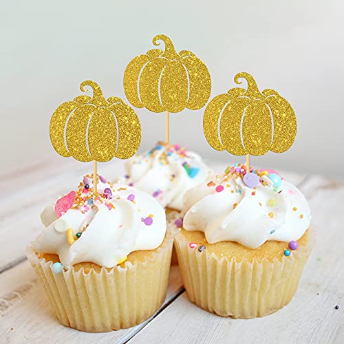 Monmon & Craft 24 Pcs Pumpkin Cupcake Toppers For Fall Theme Cupcake Decor / Thanksgiving Day Party / Halloween Theme Baby Birthday Party Cupcake Decorations / Gold Glitter #TOP5