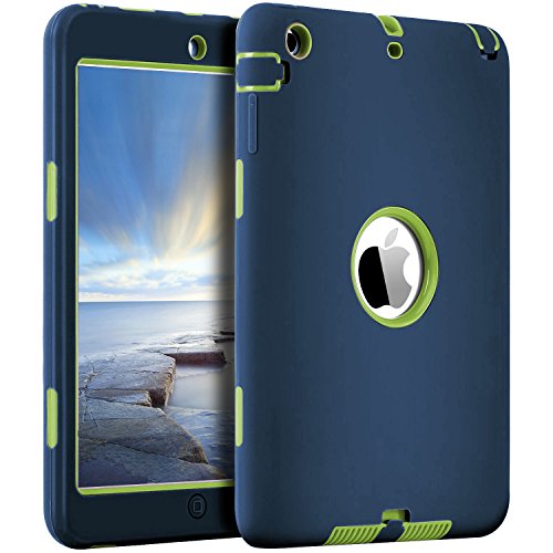 iPad Mini Case, iPad Mini 2 Case, iPad Mini 3 Case, BENTOBEN 3 in1 Anti-Slip Hybrid Hard PC Soft Silicone Heavy Duty Rugged Shockproof Protective Cover for iPad Mini 1/2/3, Navy Blue &Yellow