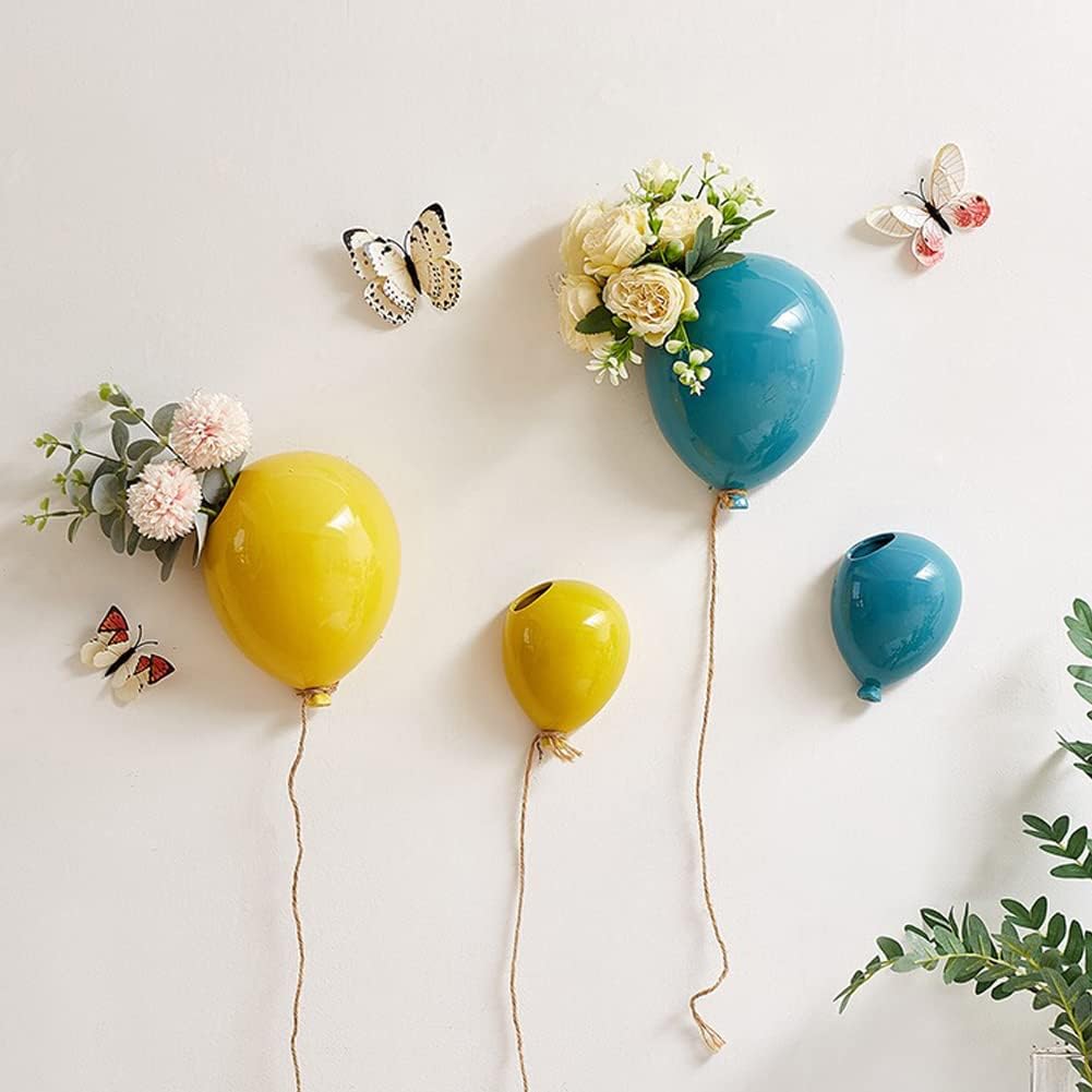 Ceramic Hanging Planters, Wall Mounted Flower Planter Balloon Design Wall Hanging Flower Pot Artificial Flowers Vase Ornaments for Living Room Home Office Kid's Room Decoration (Pink S)