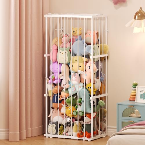 Dmticoasis Metal Stuffed Animal Storage, Large Zoo Stuffed Animal Holder with Elastic Cord, Space-Saving Animal Zoo Storage - Sturdy Plush Toy Organizer for Nursery, Playroom & Bedroom - White