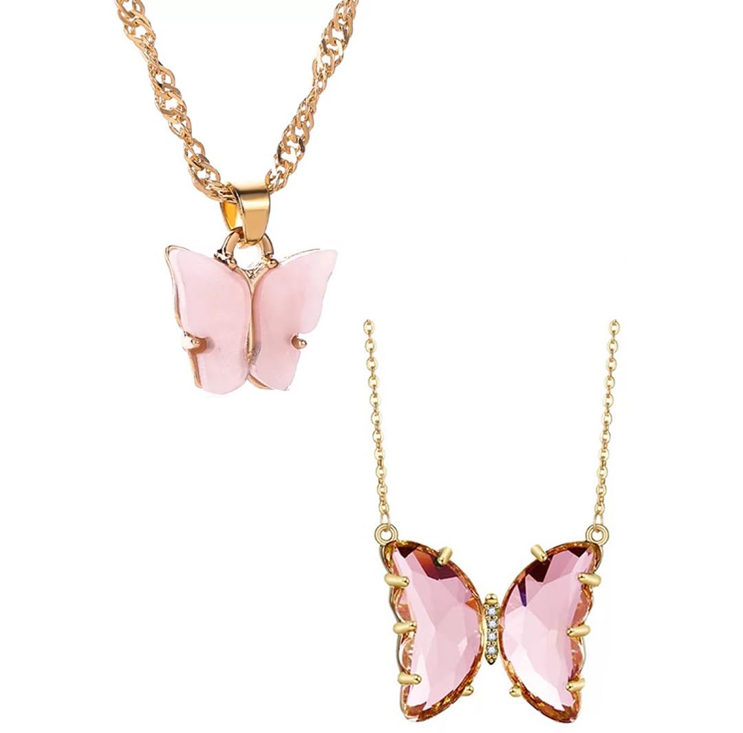 Vembley Combo of 2 Pink Crystal and Mariposa Butterfly PendantFor Women And Girls