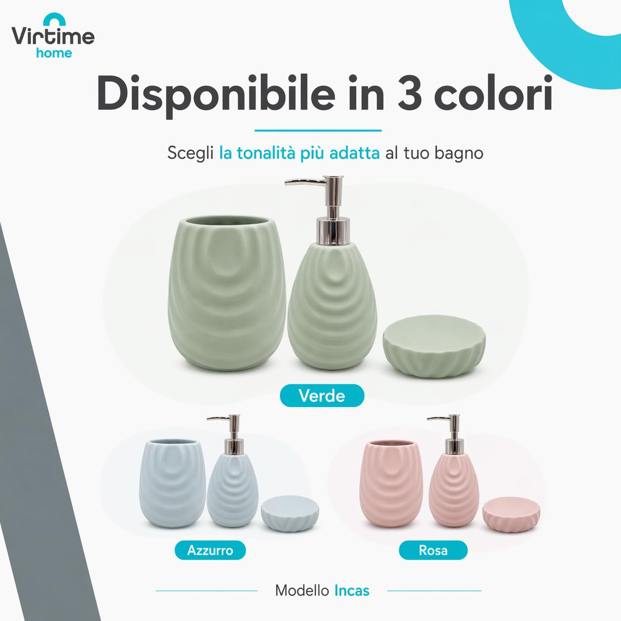 Set Accessori Bagno 3 Pezzi in Ceramica Lucida Modello Incas, Dispenser Sapone Liquido, Porta Spazzolini e Porta Saponetta (verde)
