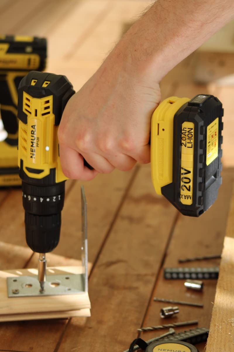 Nemura Perceuse Visseuse Sans Fil 20V - Livrée avec 2 Batteries 1,5 Ah - Tournevis Électrique avec Poignée Soft Grip et Lampe Led - Malette avec 54 Accessoires - Marque Française