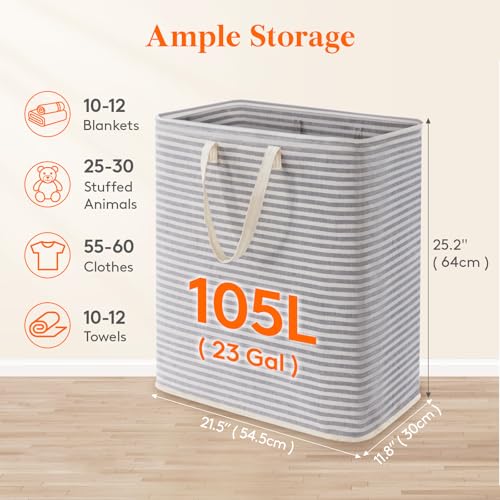 Image of Lifewit 105L Large Collapsible Laundry Hamper, Tall Foldable Dirty Clothes Baskets Waterproof, Freestanding Design with Easy Carry Handles in Dorm Bedroom Bathroom College, Grey