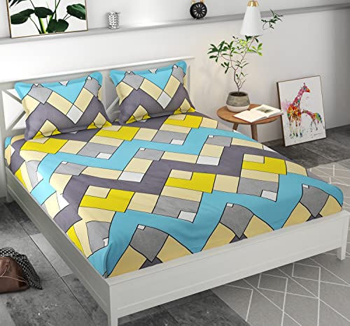 Image of Microfiber Fitzy 280 TC Fitted Bedsheet King Size, Elastic Bedsheet, 72x78 + 10 Inches Drop,with 2 Pillow Covers (Al-BlueYellow-Traingle)