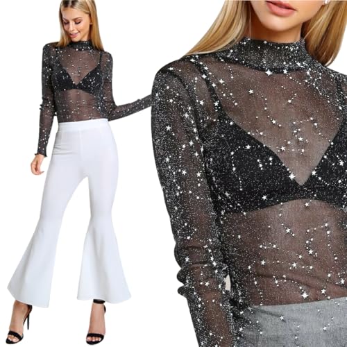 Glitzer Oberteile Damen, Glitzer Mesh Oberteile Damen, Transparentes Durchsichtige Tops mit Sterne, Glitzer Top, Netzoberteil Bluse Tüll, Sexy Durchsichtig Langarm Bluse für Karneval, Halloween, Party