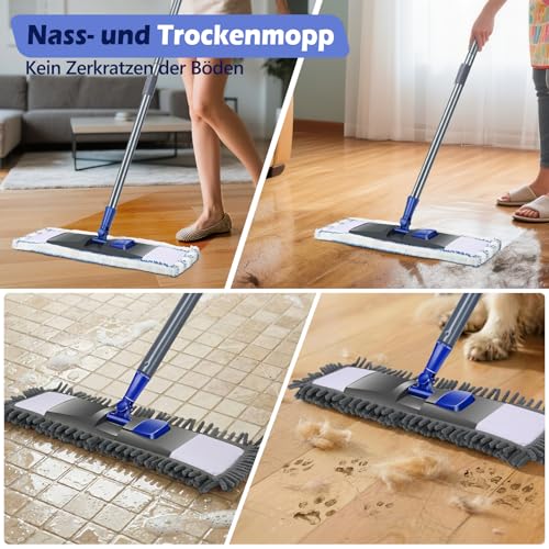 Masthome Wischmopp,Bodenwischer Set mit 4 Wischpads,Chenille Wischmopp mit 128cm Griff,Mikrofaser...
