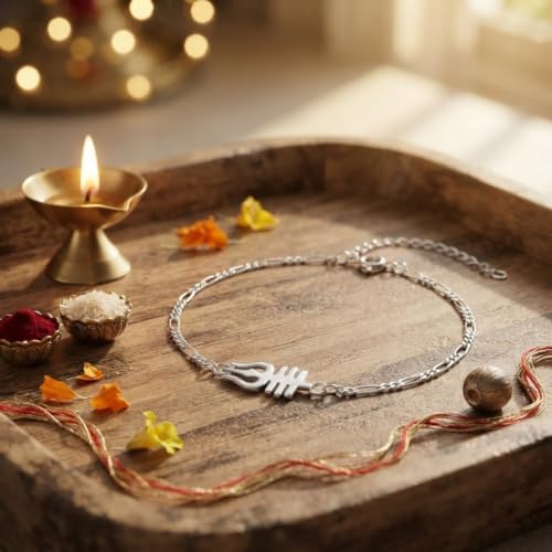 Image of Parnika 925 Pure 92.5 Sterling Silver Om Trishul Tripund Rudraksh Rakhi Bracelet for Brother | Hallmarked Silver Raksha Bandhan Rakhi | Premium Adjustable Rakhi Gift