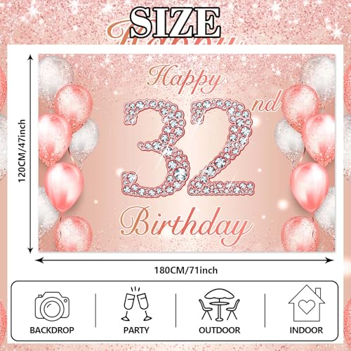 Image of Happy 32nd Birthday Rose Gold Banner Cheers to 32 Years Old Backdrop Confetti Balloons Theme Decor for Women 32 Years Old Pink Birthday Party Decorations Bday Supplies Background Favors Gift Glitter