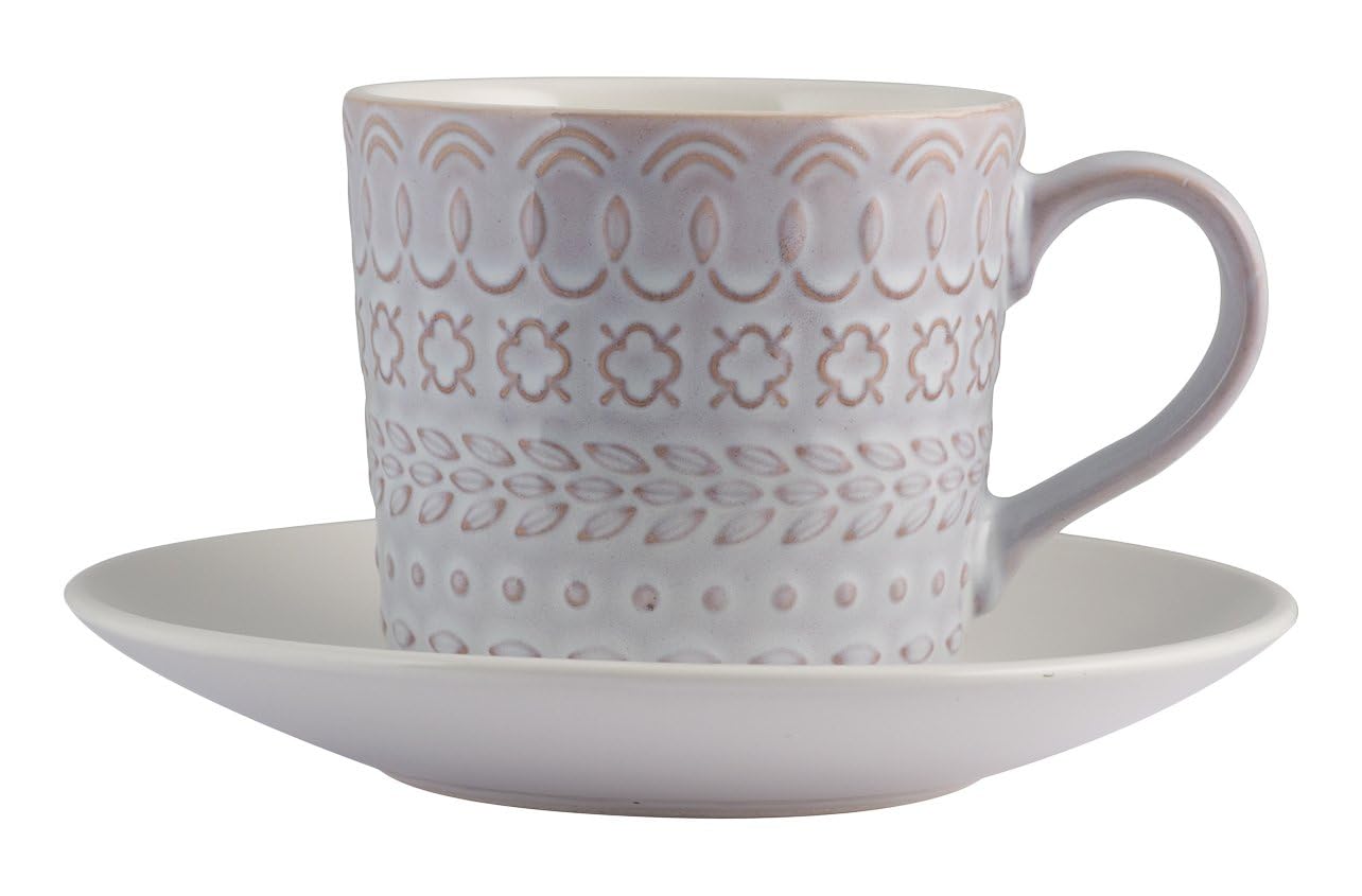 H&H Lilian Pack of 6 Tea Cups with Saucer, Stoneware, Lilac, 6 Units