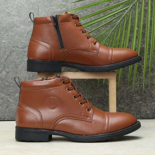 Image of FIELD CARE Men Walker Casual Comfort Uniform Dress School Army Style Fashion Boots Mid-Top Lace-Up Synthetic Leather Formal Shoes
