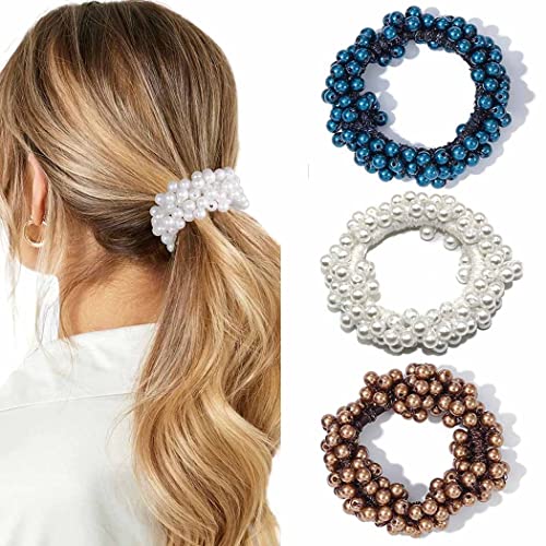 Bartosi Pearl Hair Ties Champagne Elastic Hair Ropes Beaded Ponytail Holder Pearls Hair Tie Cute Hair Band Hair Accessories For Women And Girls (Pack Of 3) #TOP28
