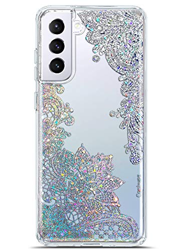 Coolwee Clear Glitter for Galaxy S21 Plus Case Thin Flower Slim Cute Crystal Lace Bling Women Girls Floral Plastic Hard Back Soft TPU Bumper Protective Cover for Samsung Galaxy S21 Plus Mandala Henna