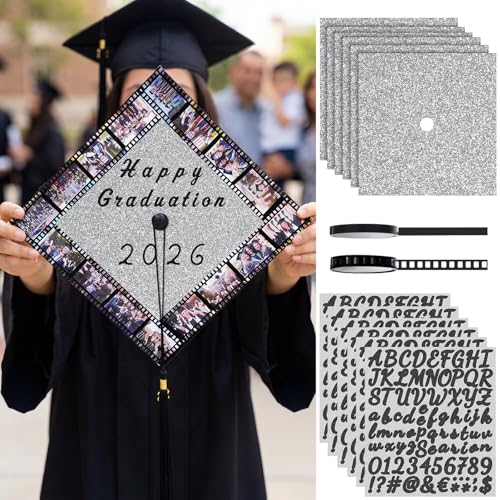 Gersoniel 6 Sets Graduation Cap Topper Decoration Kit for 2026 Glitter Cardstock Film Style Tape & Letter Sticker Construction Paper for Graduation Cap for Grad Party Craft DIY Decor(Silver)
