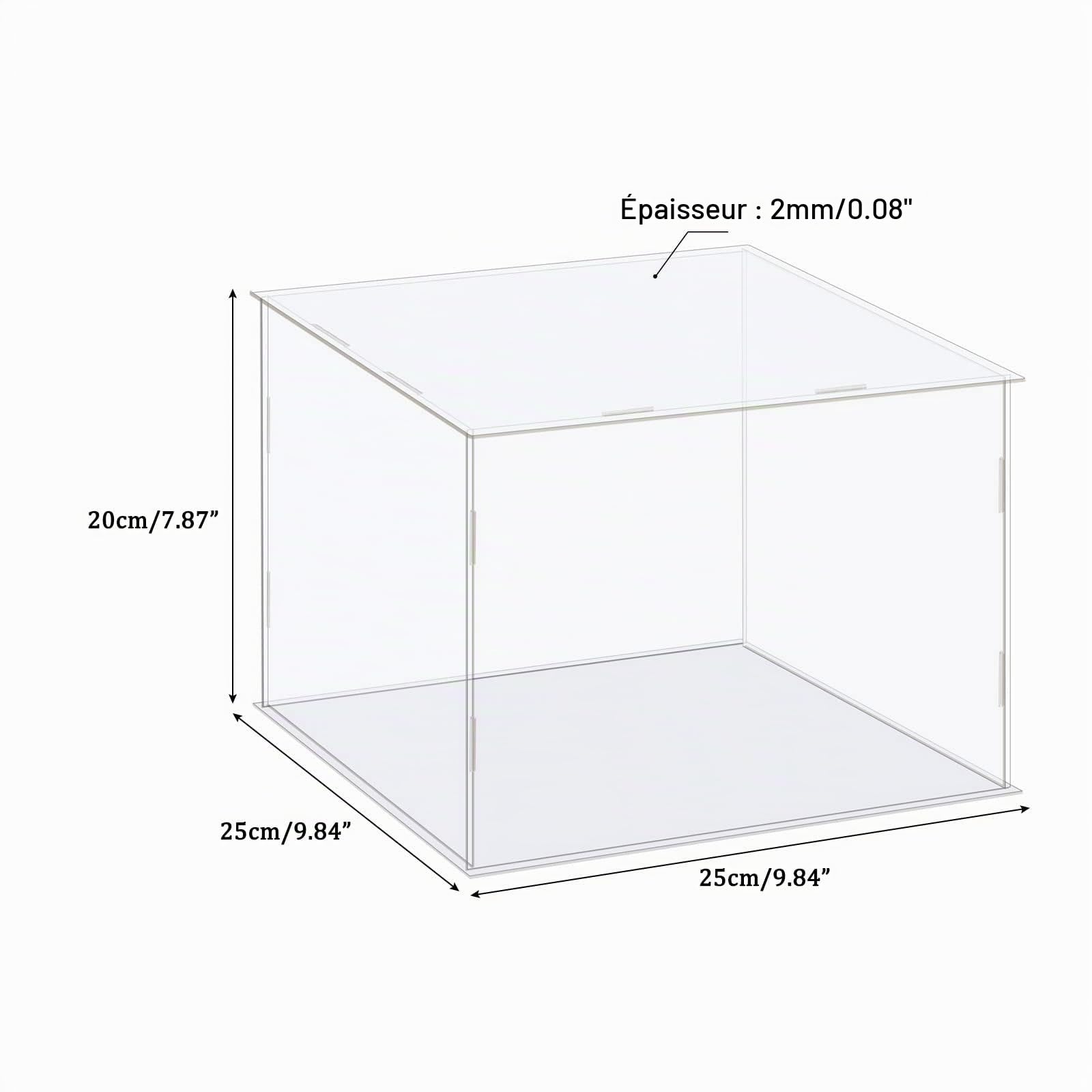 TA-VIGOR Boîte de présentation en acrylique transparent, 25 x 25 x 20 cm à assembler - Cube de rangement - Support de rangement anti-poussière avec base blanche pour le rangement d'objets de
