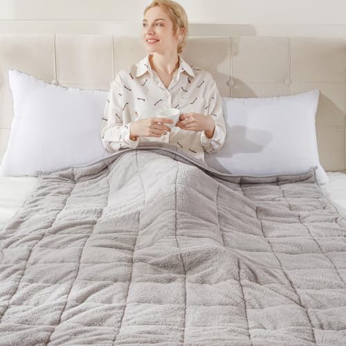 Teddy Fleece Weighted Blanket for Adults Fluffy Quilted Pockets Throw Soft Sherpa Throw Heavy Blanket Winter Sleep Therapy Autism Insomnia Sensory Anxiety Stress Relief Silver Grey, 125 x 180cm - 6kg
