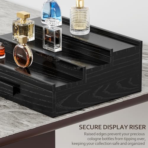 Image of Solid Walnut Cologne Organizer for Men, 3 Tier Cologne Stand Display Shelf | Wood Perfume Organizer, Cologne Holder with Drawer Storage and Hidden Compartment,Gift for Men Dad Husband Boyfriend, Black