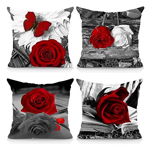 Okasion Set of 4 18x18 Flower Throw Pillow Covers Red Rose Gray Black Decorative Pillow Covers Couch Bed Sofa Floral Square Pillow Cover Red Black Linen Farmhouse Pillow Case Spring Summer (Red Black)