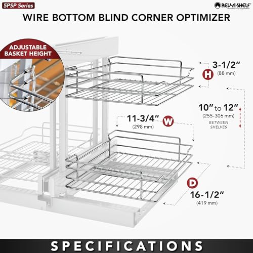 Image of Rev-A-Shelf Chrome Two-Tier Wire Bottom Pullout Organizer with Soft-Close for Blind Corner Base Kitchen Cabinets, Adjustable 4-Basket Storage System, Min Opening Width of 15 inch, 5PSP-15SC-CR