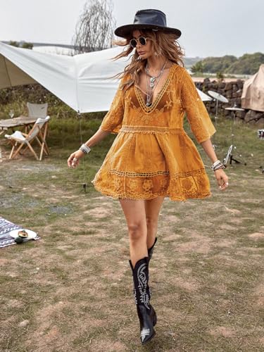 Image of Eomenie Women's Contrast Lace Bathing Suit Cover Up V-Neck Swimsuit Coverups Loose Swimwear Beach Dress Beachwear