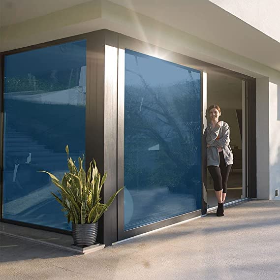 Image of WISDOM Window Privacy Film,One Way Mirror Film Daytime Anti UV Sun Blocking Heat Control Reflective Film Decorative Static Cling Home Office Living Room (20in x 20Feet, Blue Film)
