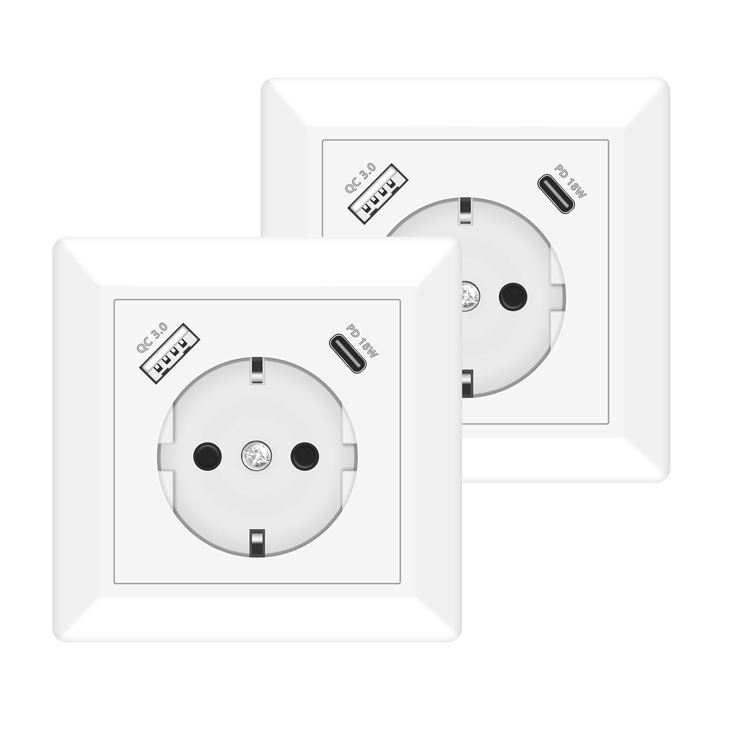 USB Steckdose, 2 X Schuko Steckdose mit USB C Ladegerät Anschluss PD 18W Schnellladung System 55 Reinweiß Glänzend Unterputz Wandsteckdose Passent in Standard Unterputzdose für Büro Hause