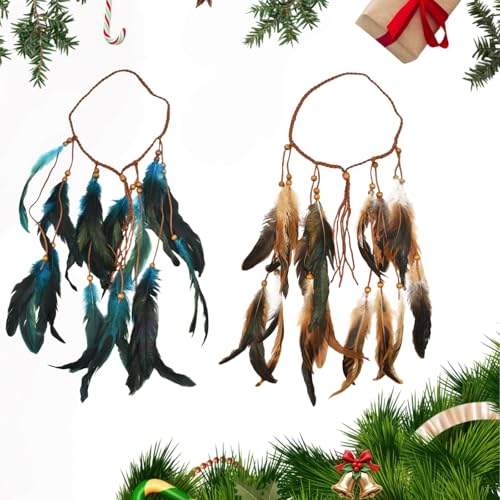 Tokaneit 2 Stück Indisches Feder-Stirnband, Boho-Hippie-Kopfschmuck, Frauen Bohemien Feder Quasten Stirnband, Perlen, Festival, Party, Kopfbedeckung, Haarschmuck für Damen und Mädchen