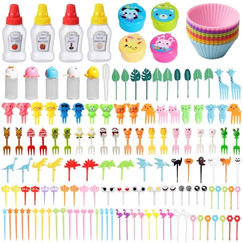 YIHXYIHX 152 Pcs Bento Box Accessories Kids Mini Sauce Bottles Including Food Picks Mini Condiment Ketchup Squeeze Bottles Reusable Animal Fruit Food Toothpicks for Camping Office Accessories