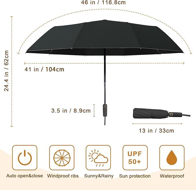Image of FLYNGO 12 Strong Ribs Reinforced Windproof Umbrella for Rain Big Size, 3-Fold Auto Open /Close Travel Umbrella for Sun Protection
