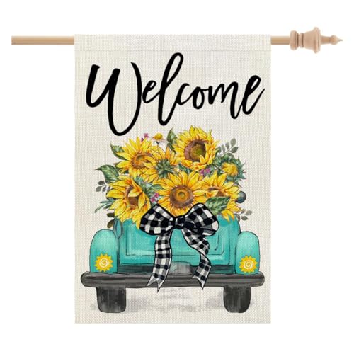 CROWNED BEAUTY Summer House Flag Sunflowers Truck 28x40 Inch Double Sided Large Burlap Holiday Flag for Outside Yard Welcome CF1493-40 by CROWNED BEAUTY - Used condition - US$8.77