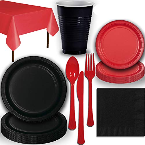 Disposable Party Supplies, Serves 40 - Black and Red - Large and Small Paper Plates, 12 oz Plastic Cups, heavyweight Cutlery, Napkins, and Tablecloths. Full Two-Tone Tableware Set