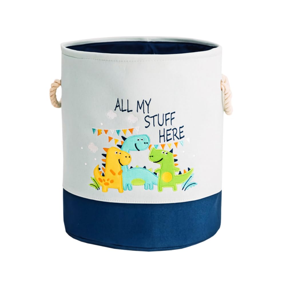 Spare no effort+ Kids Laundry Basket,Cartoon Canvas Storage Baskets,Toy Collection Organizer with Handles,Clothes Storage Bin,Large Nursery Hamper,Gift Baskets (Dinosaur - Round)